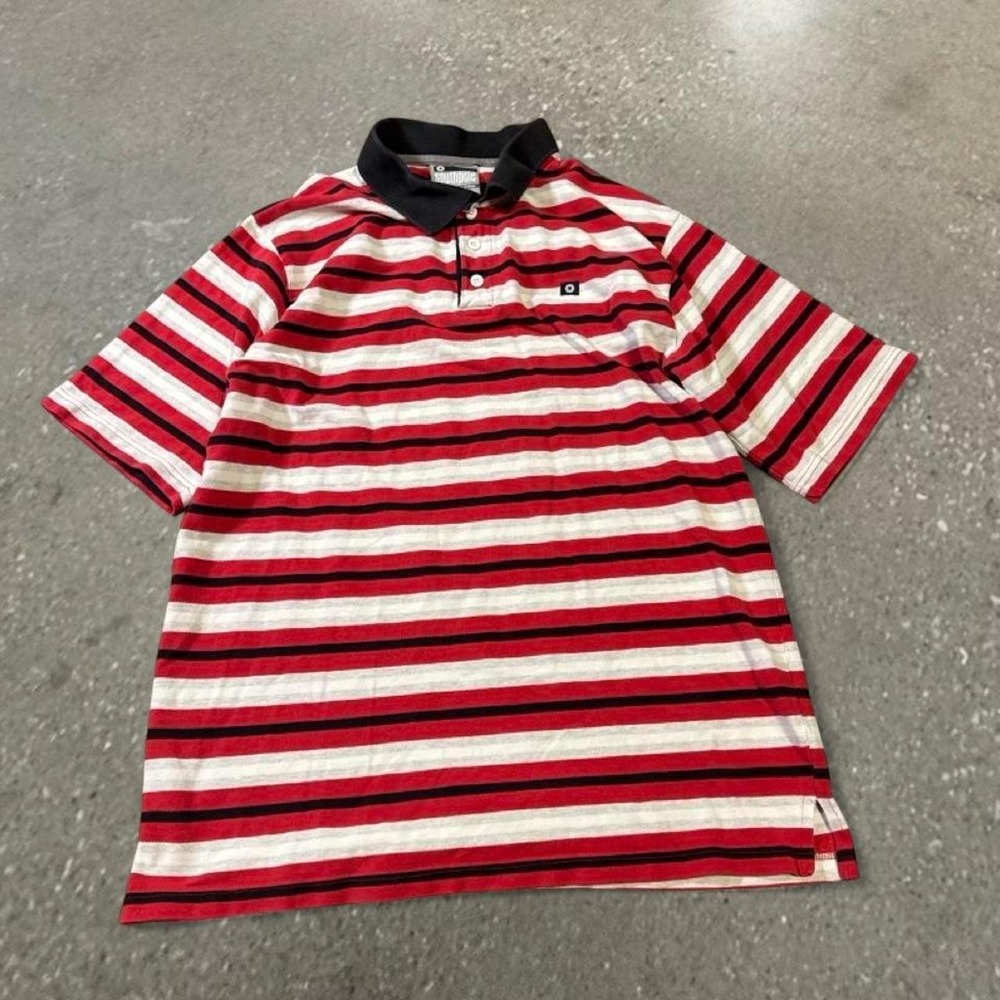 SouthPole Red Striped Polo Shirt Mens Large Y2K Short Sleeve Black Collar